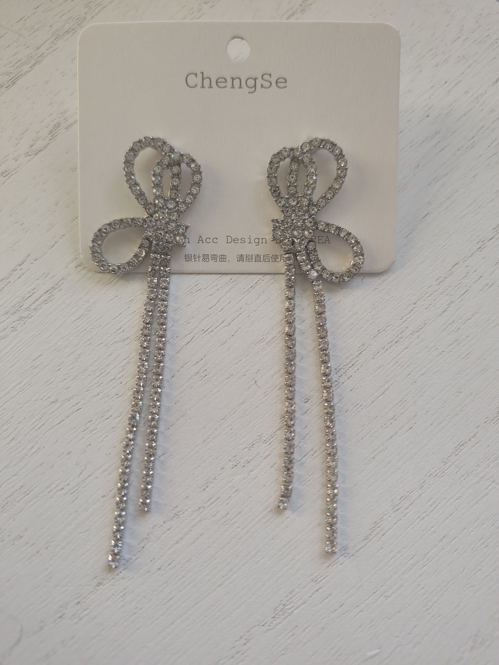 Silver Crystal Bow Drop Earrings